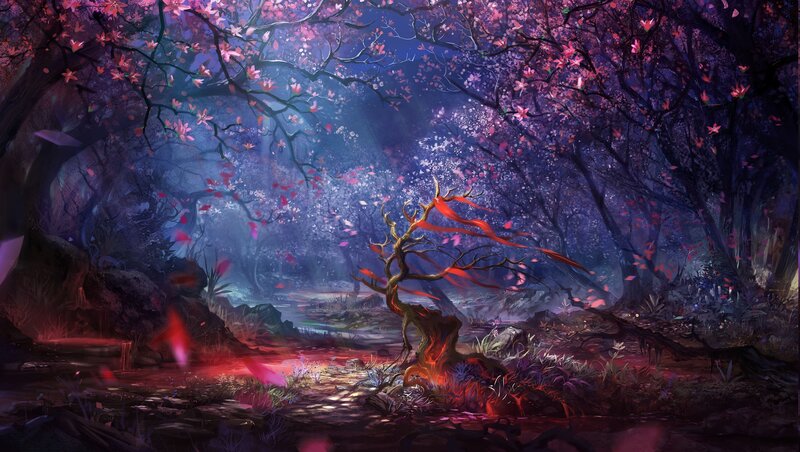 Glowing Red Tree in Forest — Purple
