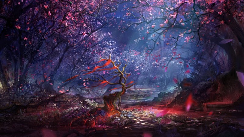 Glowing Red Tree in Forest