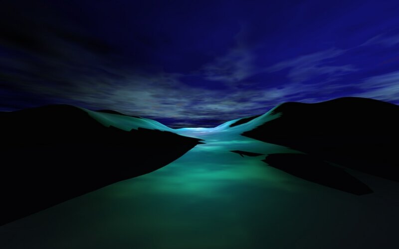 glowing river between mountains