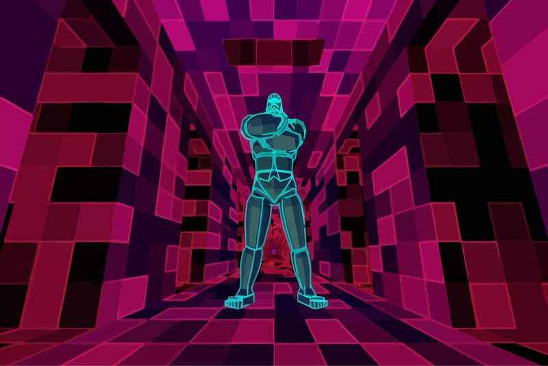 glowing robot in a neon corridor