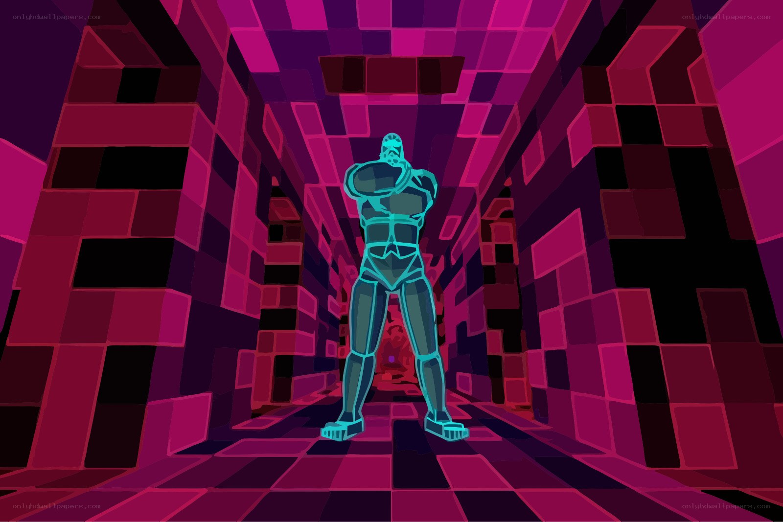 glowing robot in a neon corridor