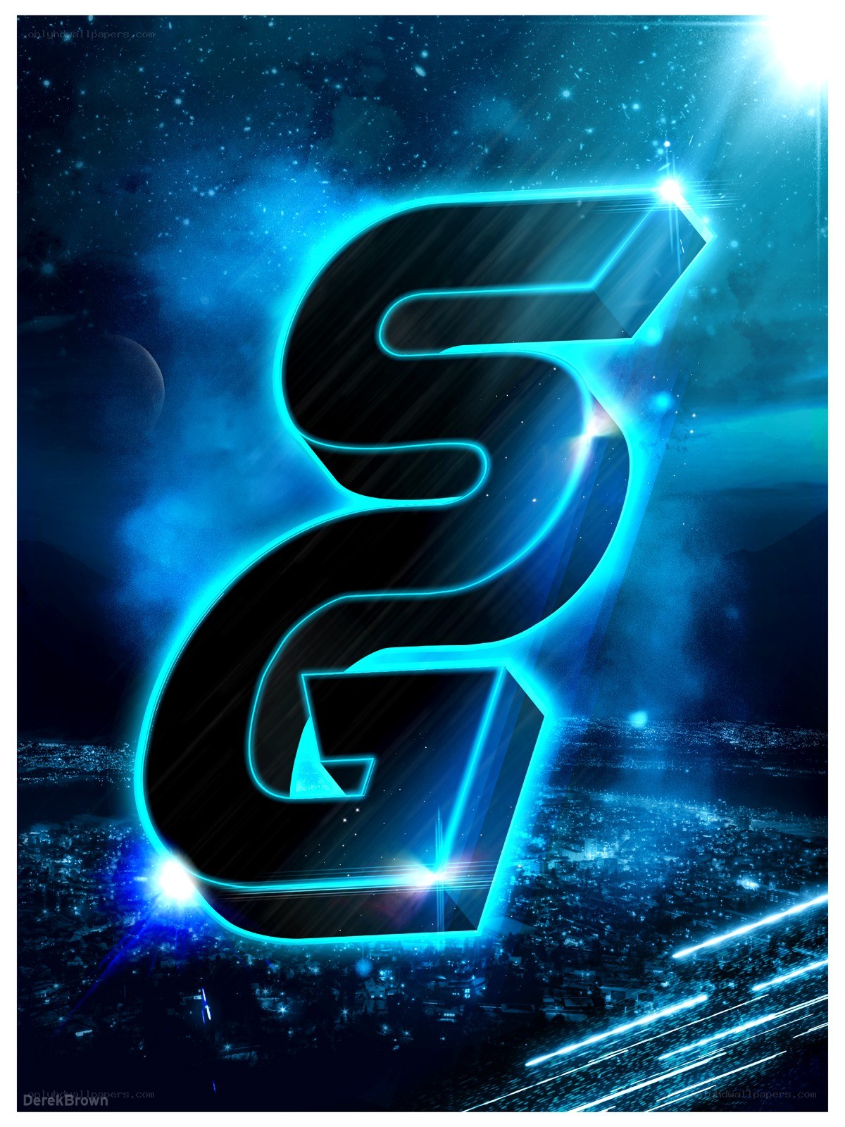 glowing S logo over city