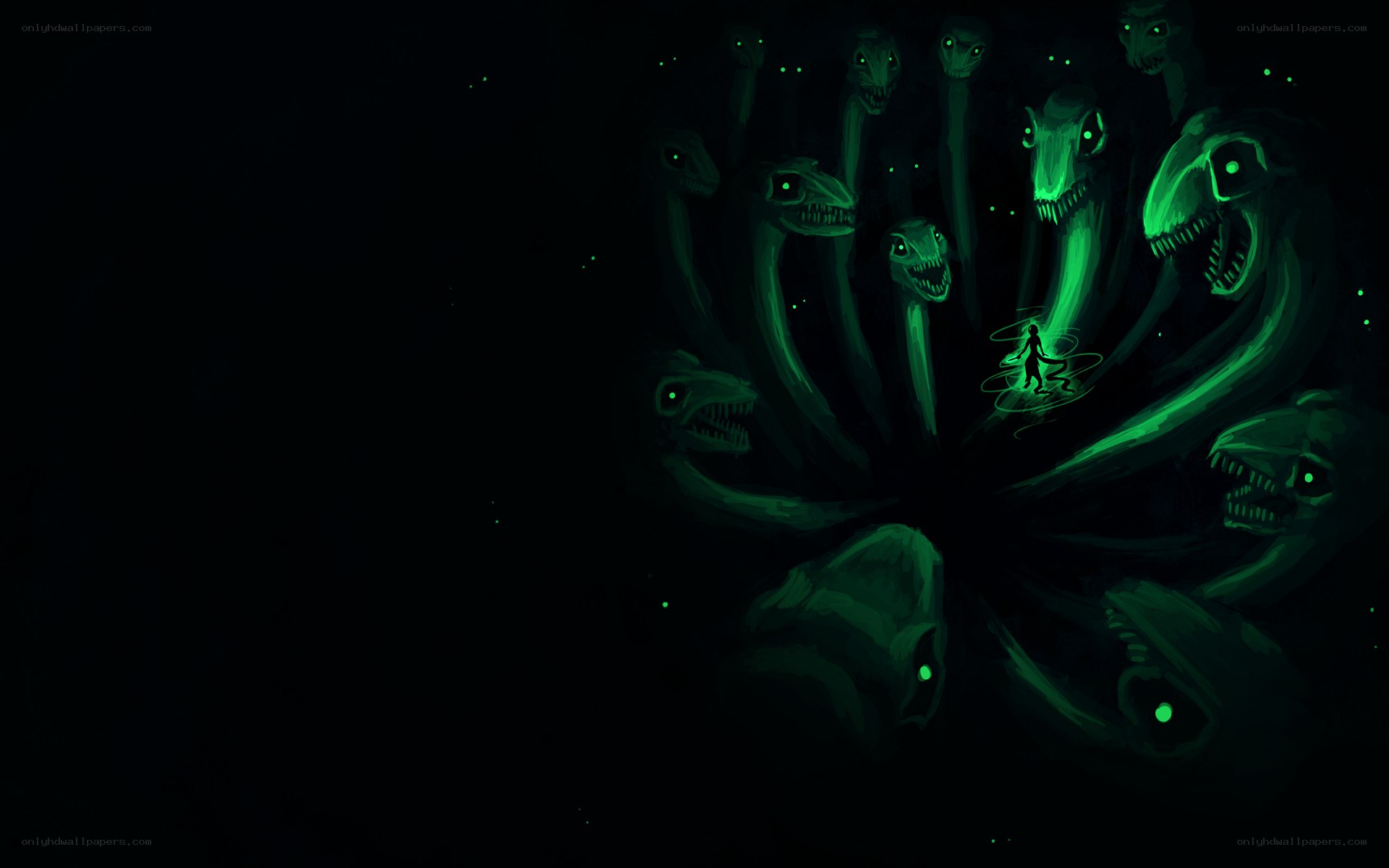 Glowing serpent heads surround a figure
