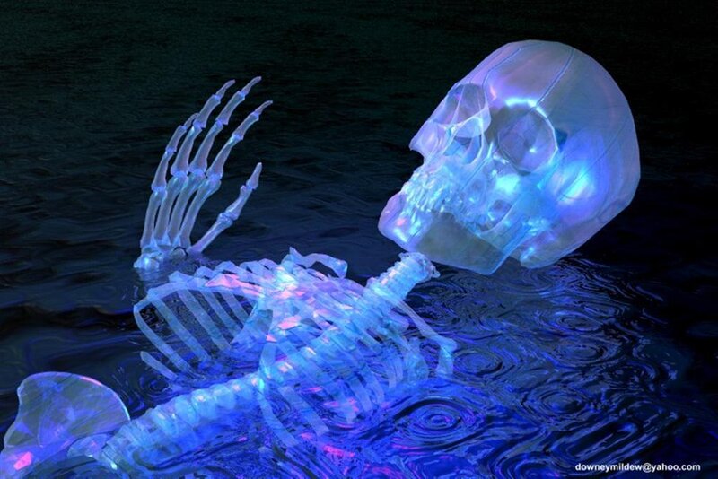 glowing skeleton in water