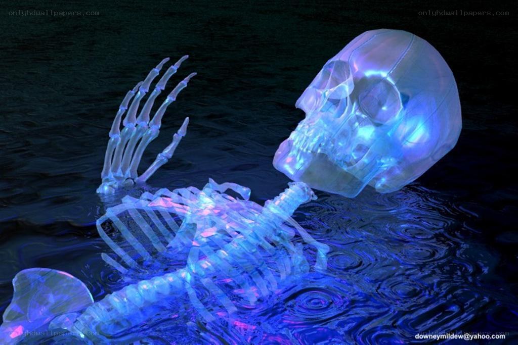 glowing skeleton in water