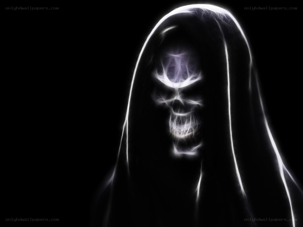 glowing skull in a hood