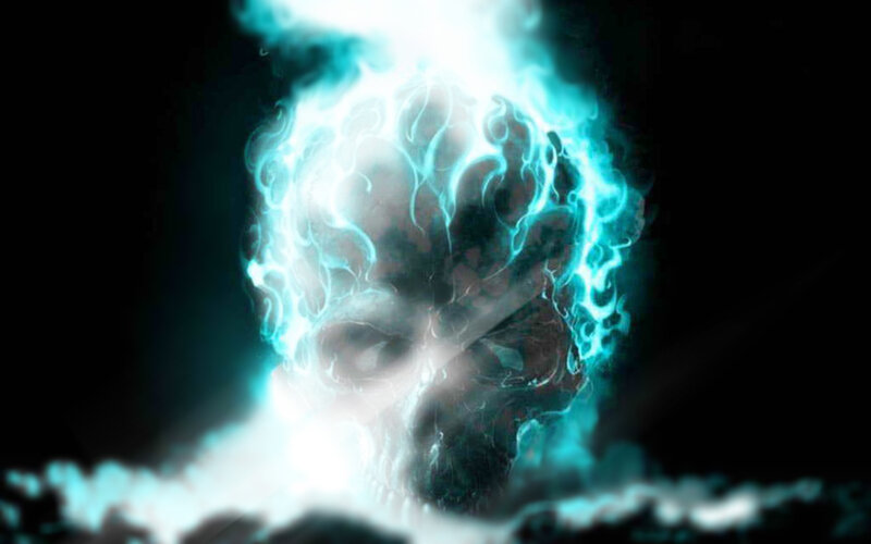 glowing skull in blue flames