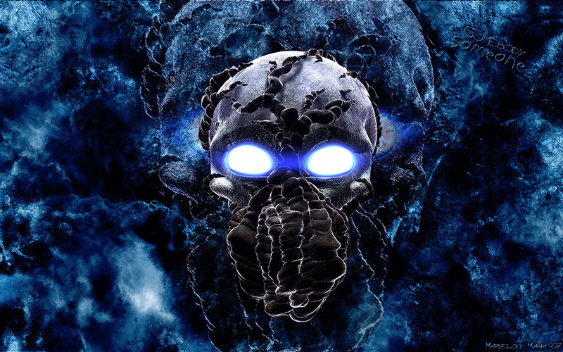 glowing skull in dark cave