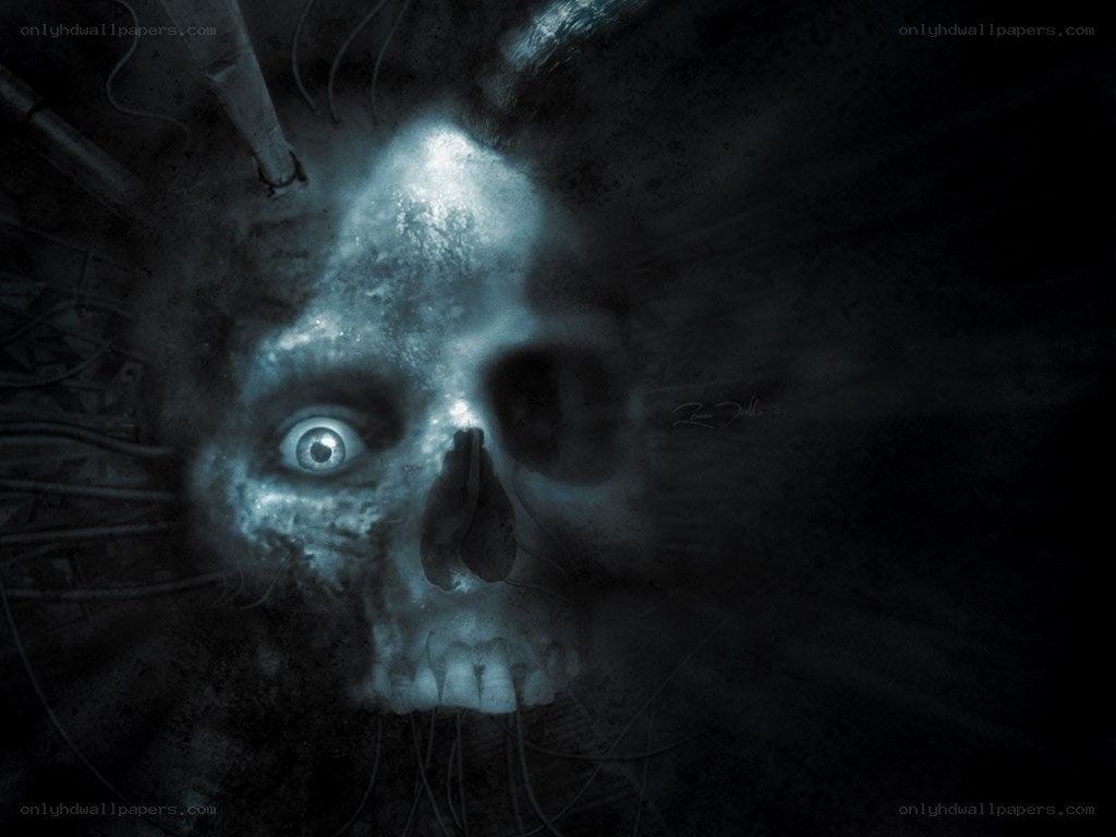 glowing skull in dark tunnel