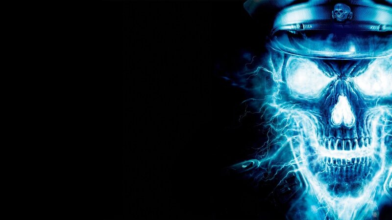 Glowing Skull in Military Hat — Blue, Dark, Dramatic
