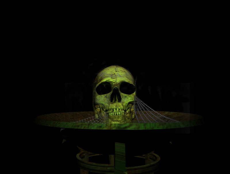 glowing skull on table
