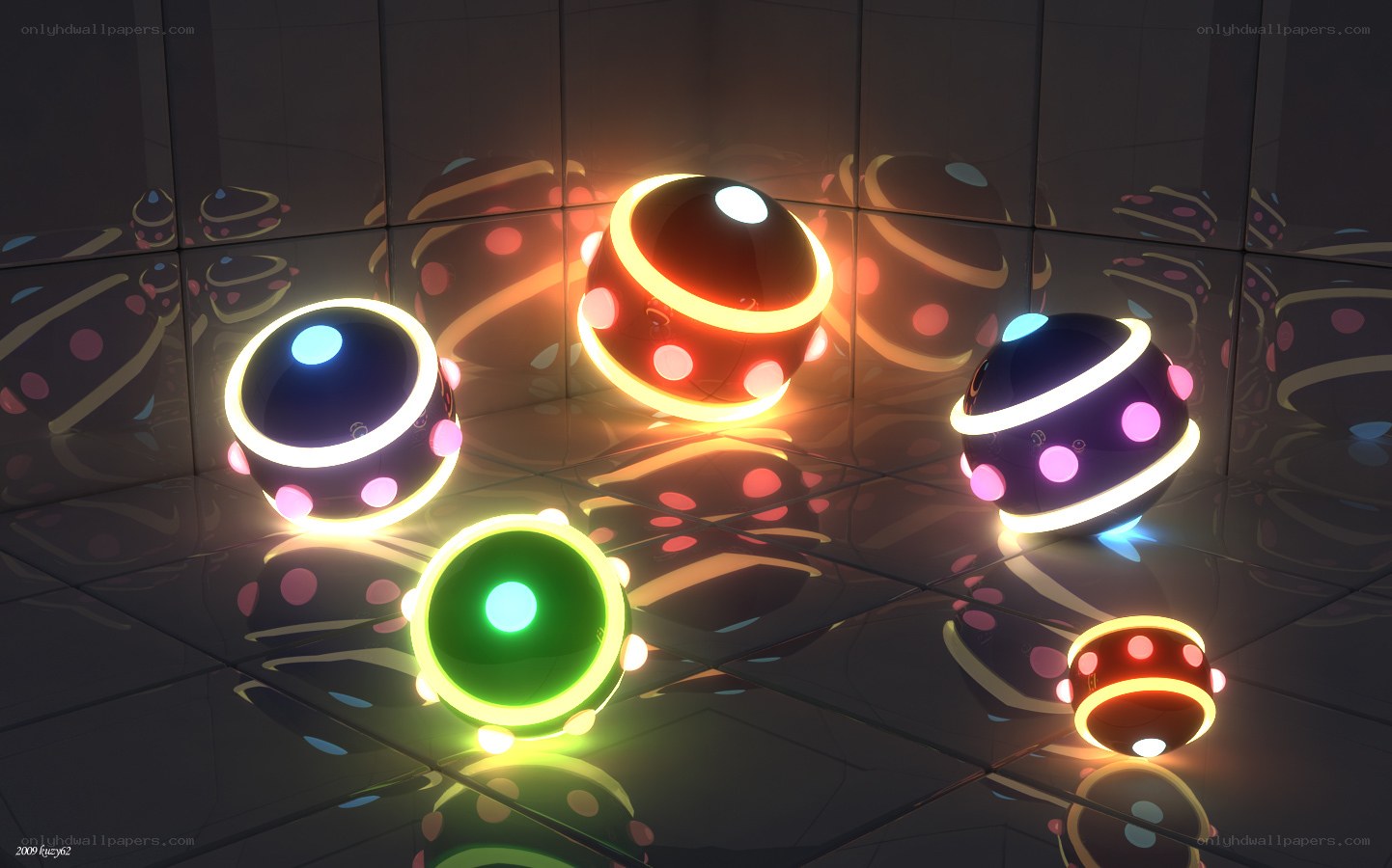Glowing spheres in a reflective room