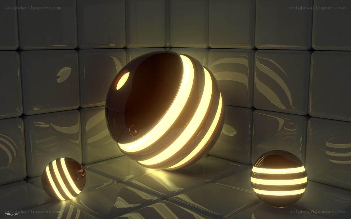 Glowing spheres in a tiled room
