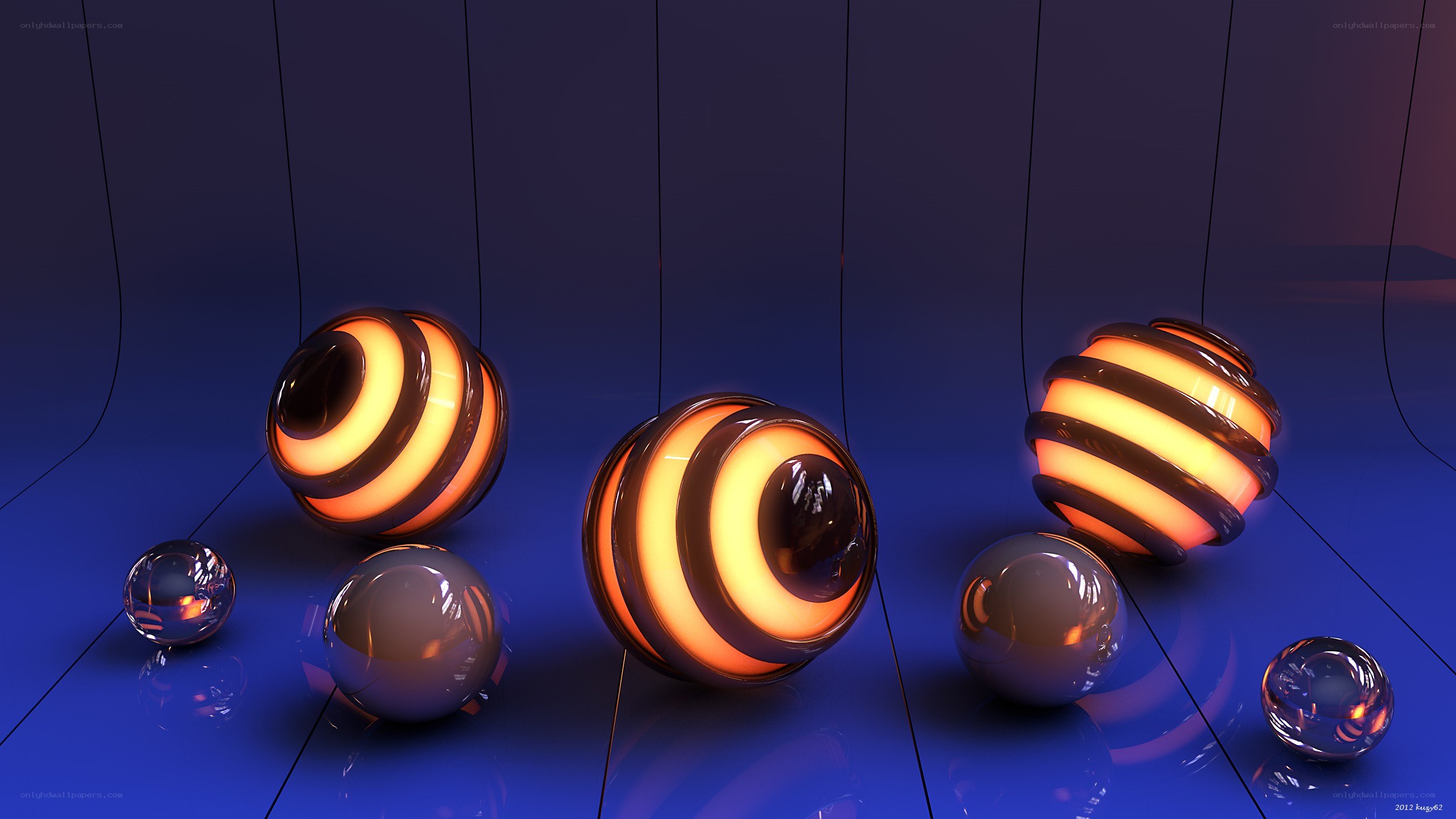 Glowing spheres on blue floor
