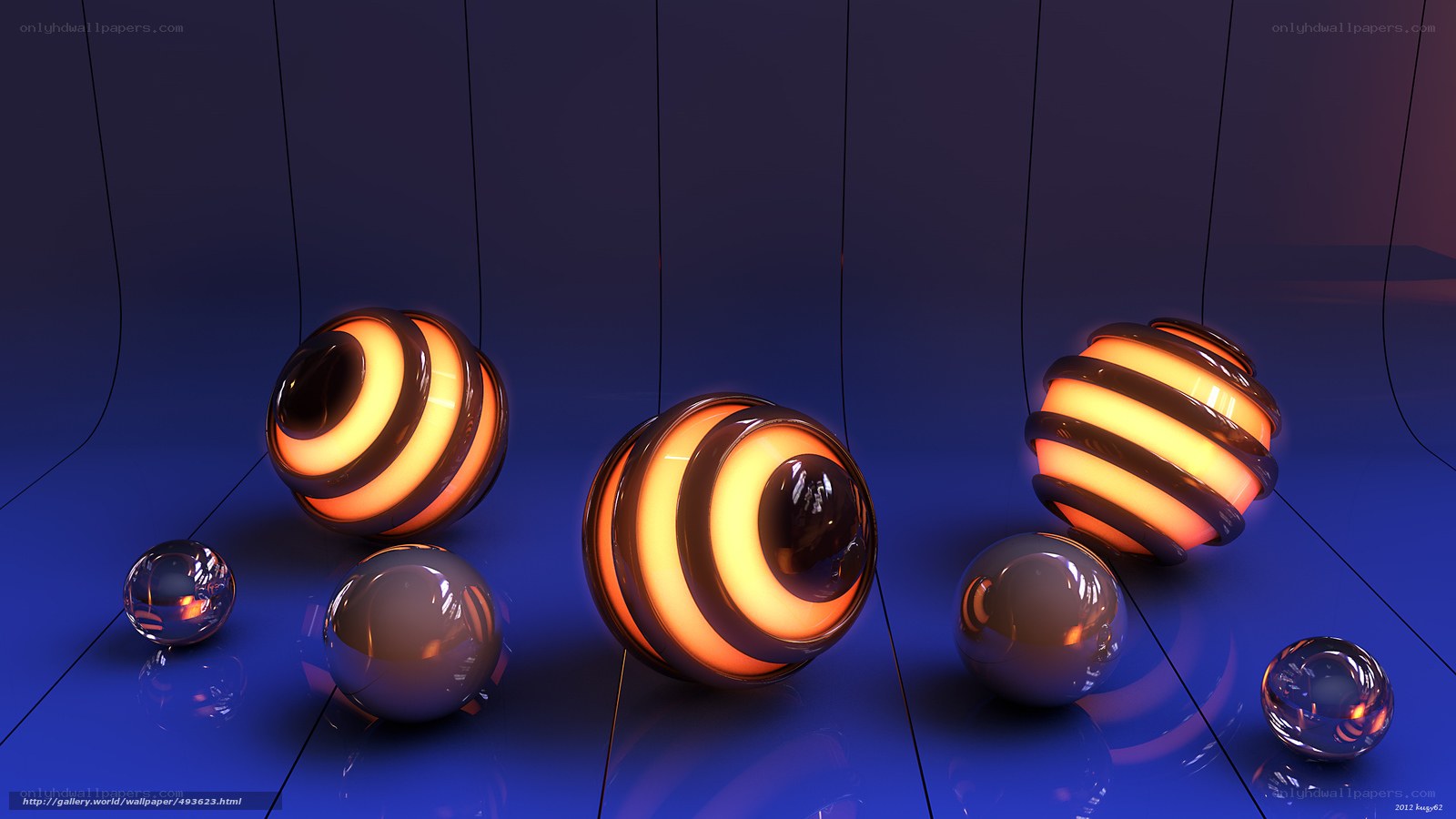 Glowing spheres on blue floor