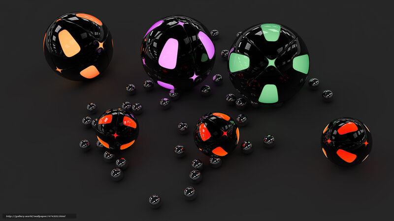 Glowing Spheres on Dark Surface — Black, 3d Render, Reflective Surface