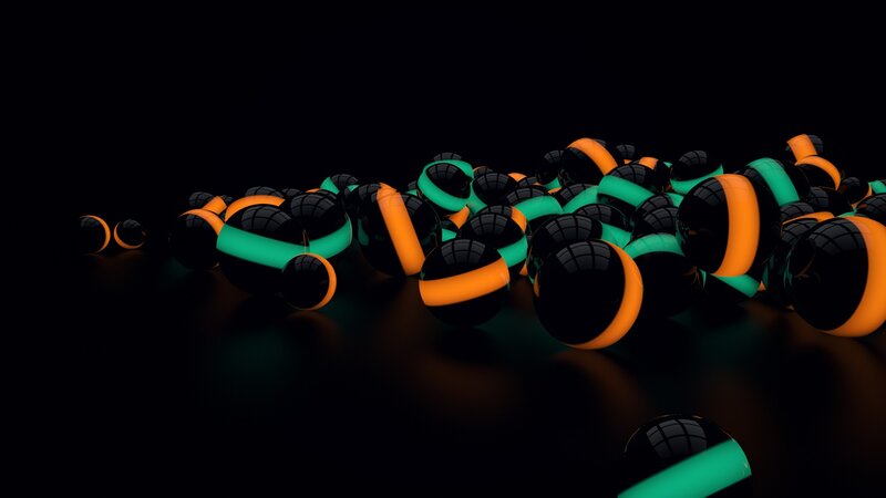 Glowing Spheres on Dark Surface — Black, Abstract, 3d Render, Dark Surface