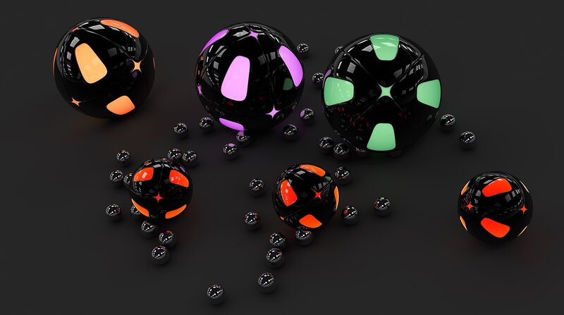 Glowing Spheres on Dark Surface — Black, Abstract, 3d Render, Light, Dark Background, Green