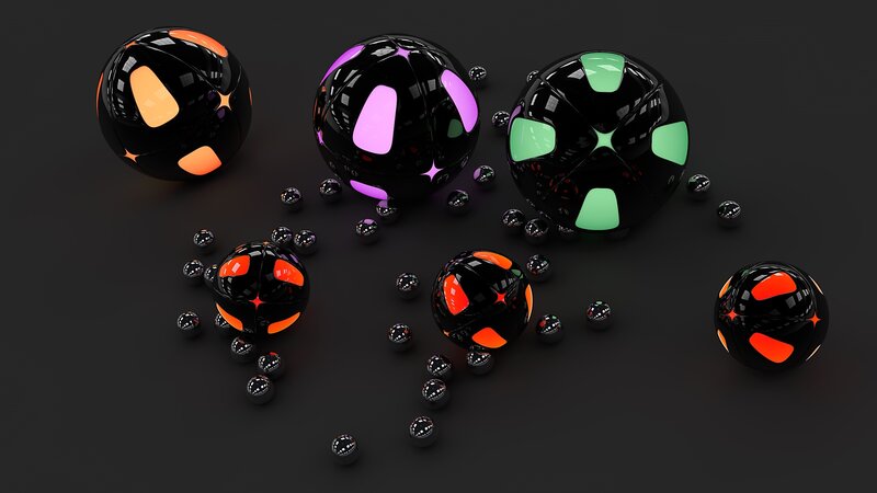 Glowing Spheres on Dark Surface — Black, Abstract, 3d Render, Small Balls