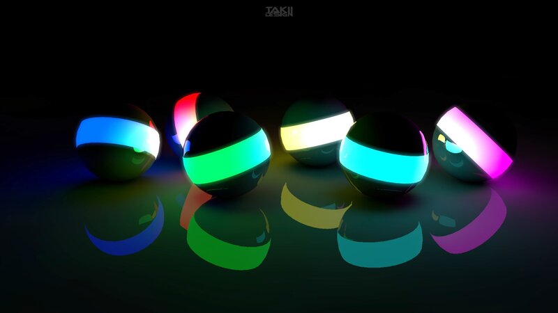Glowing Spheres on Dark Surface — Black, Dramatic, Night, Digital Art, Reflection