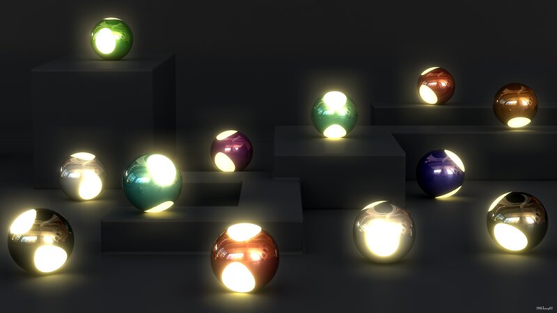 Glowing spheres on pedestals