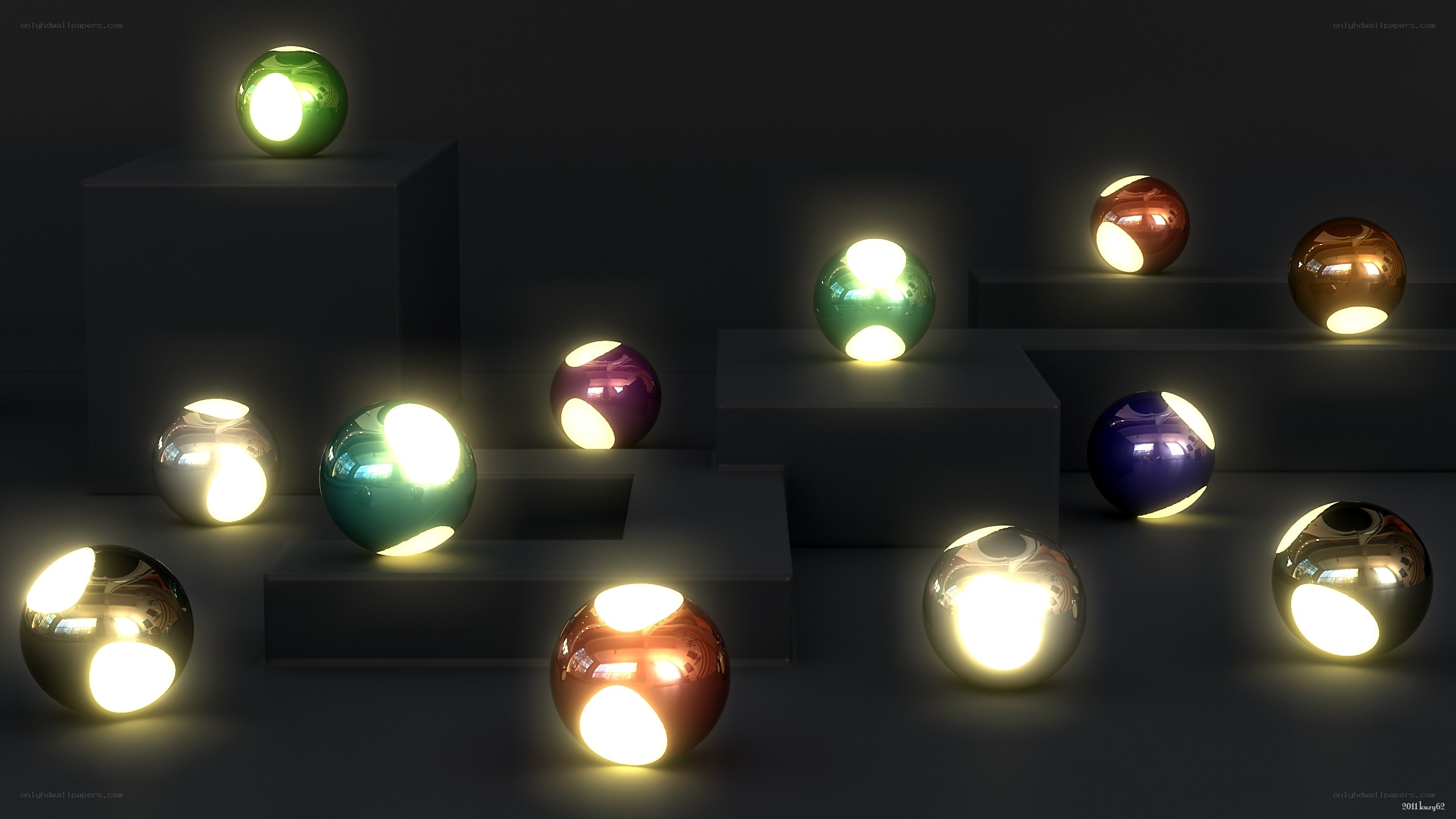 Glowing spheres on pedestals