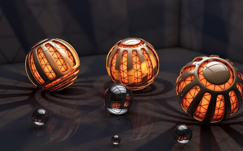 glowing spheres on reflective surface