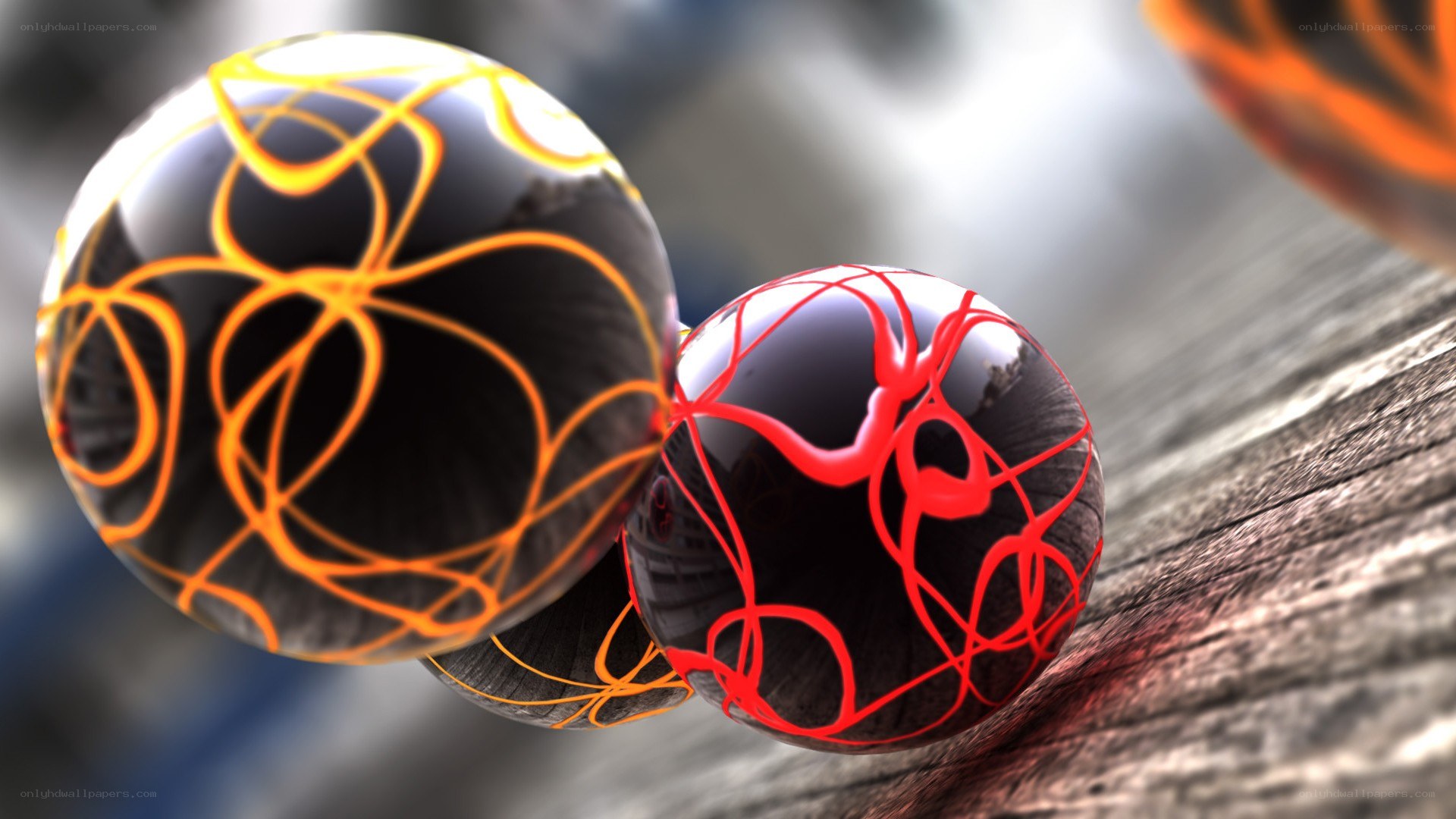 Glowing spheres on wood