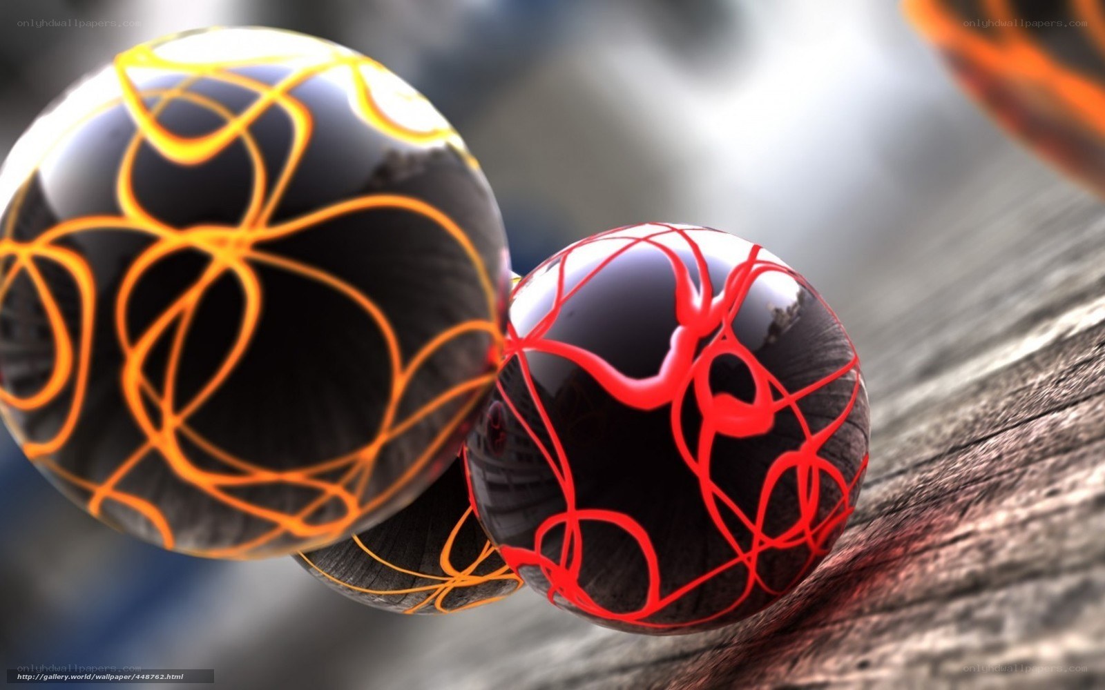 Glowing spheres on wood