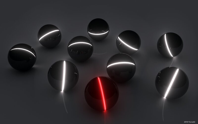 Glowing spheres with one red