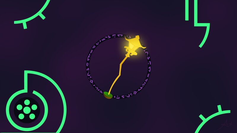 glowing staff in a magical circle