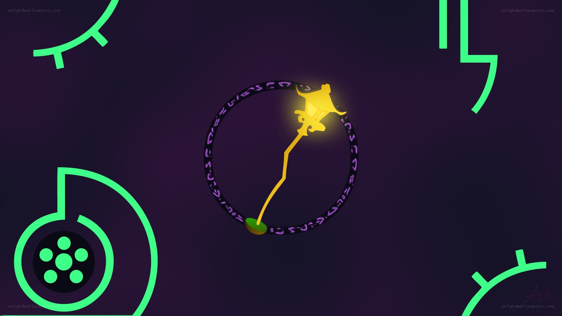 glowing staff in a magical circle