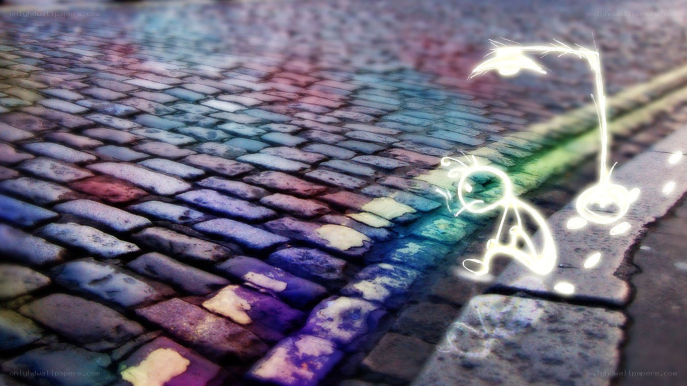 glowing stick figure on cobblestones