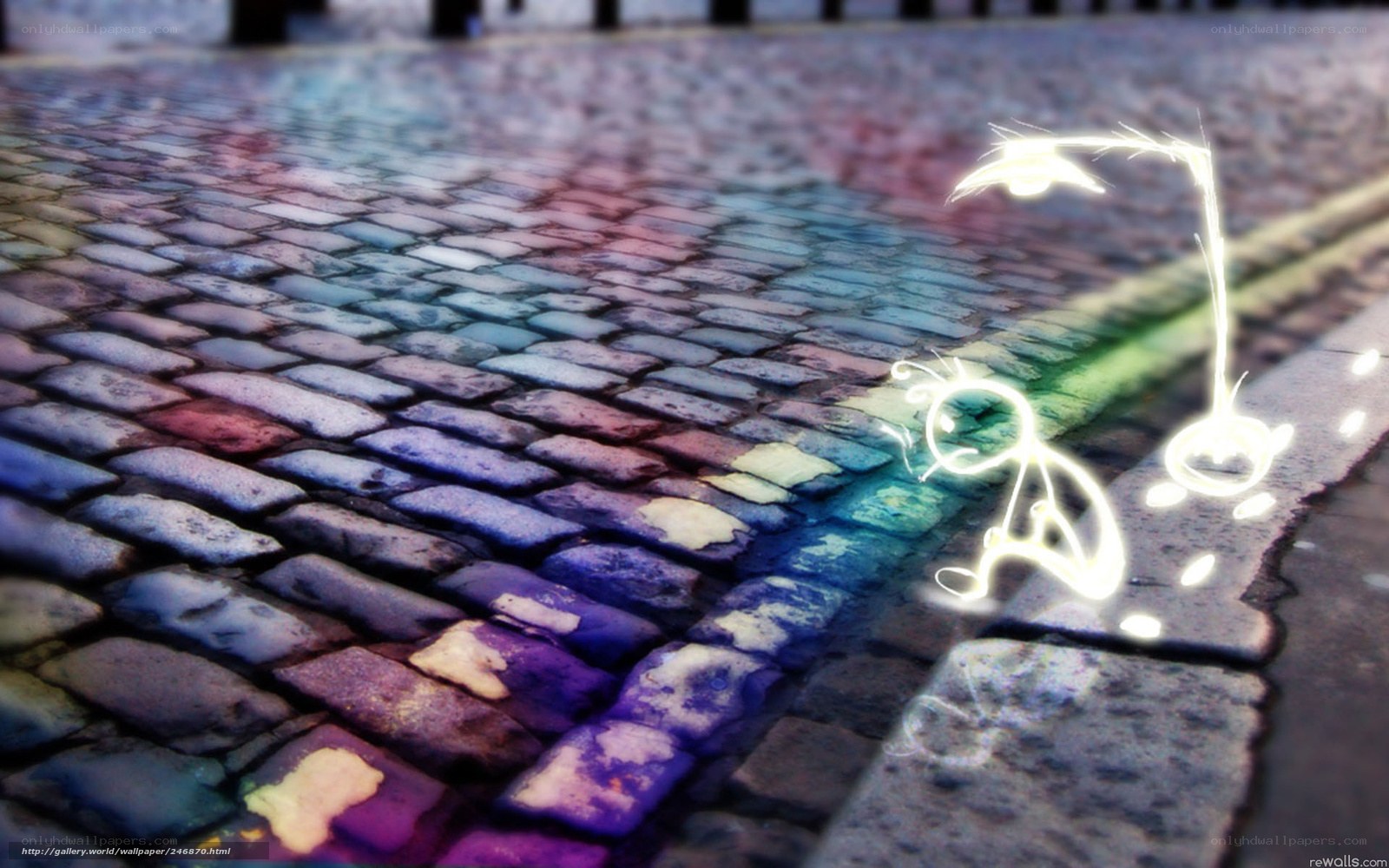 glowing stick figure on cobblestones