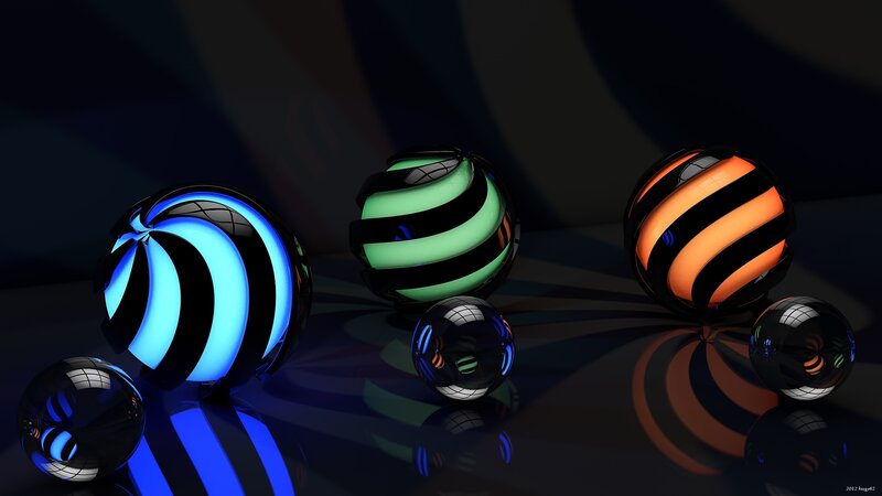 Glowing Striped Spheres — Black, Dark, Night, 3d Render, Reflection