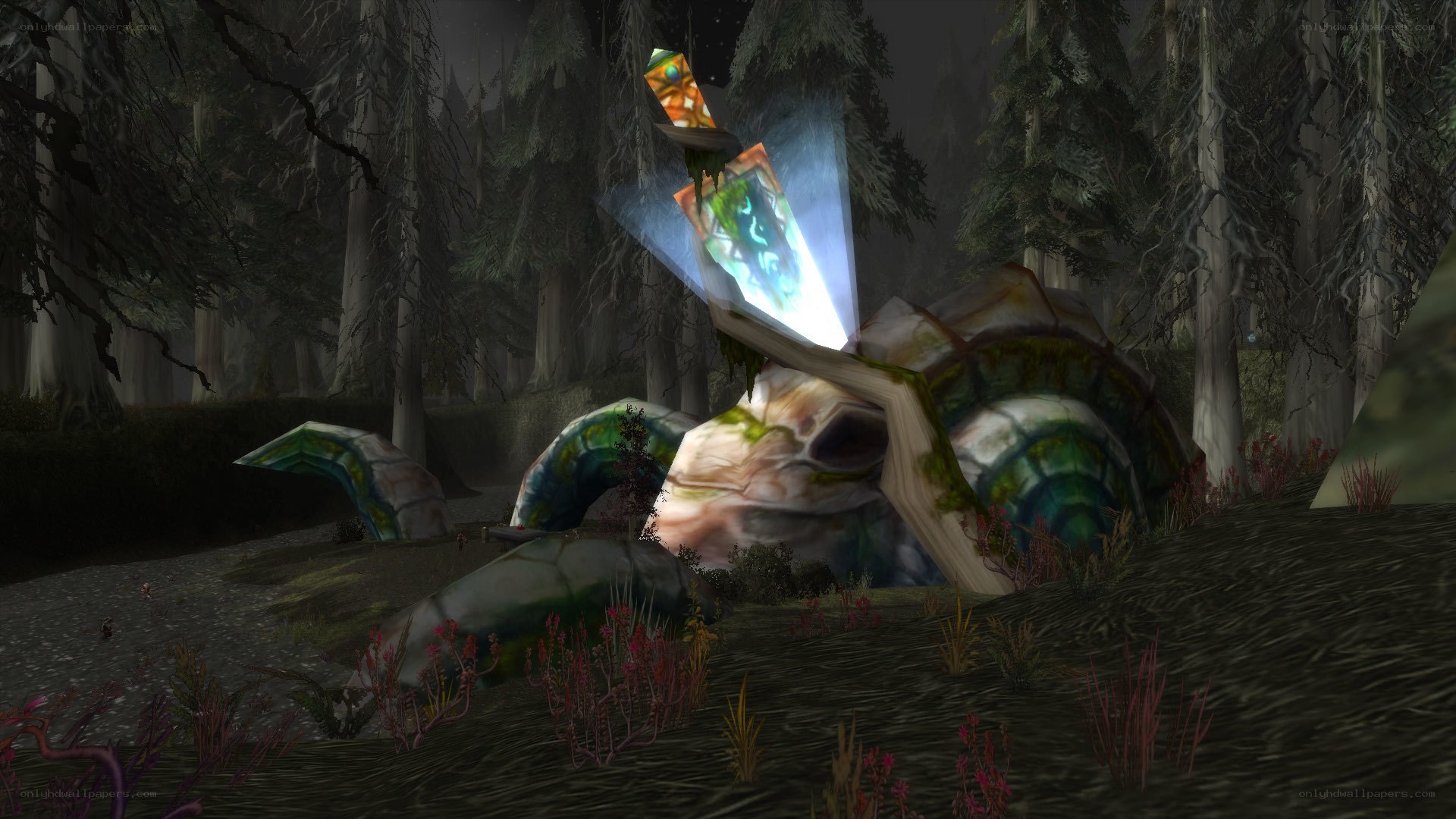 glowing sword in forest