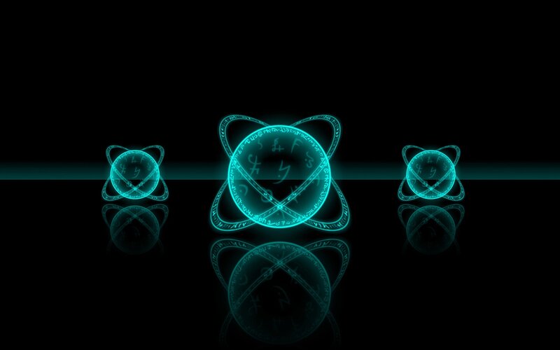 glowing teal atomic symbols