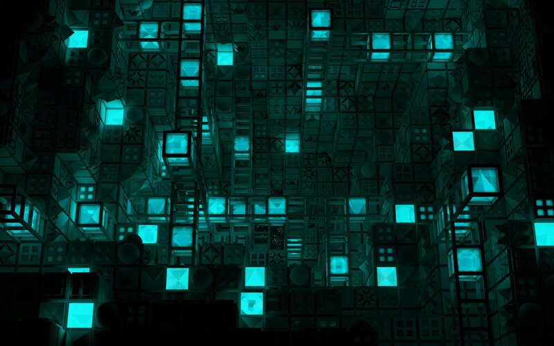 glowing teal cube structure