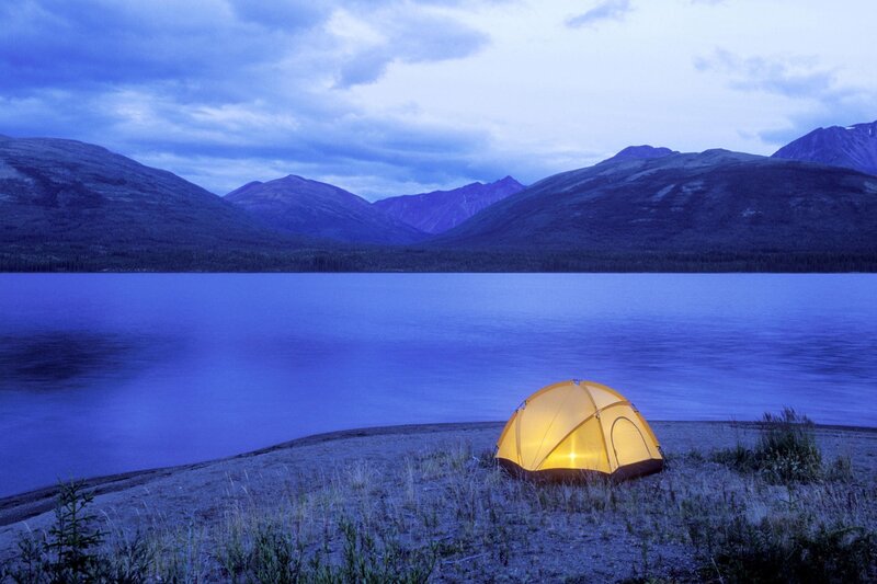 Glowing Tent by Lake — Blue, Serene, Night