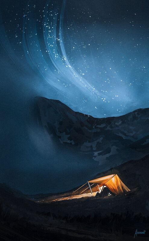 Glowing Tent in Mountains — Blue, Serene