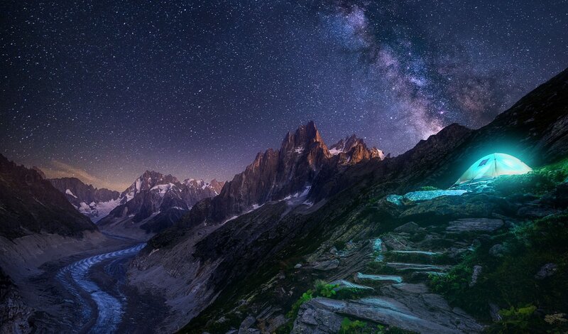 Glowing Tent in Mountains — Blue