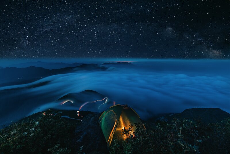 Glowing Tent on Mountain — Blue