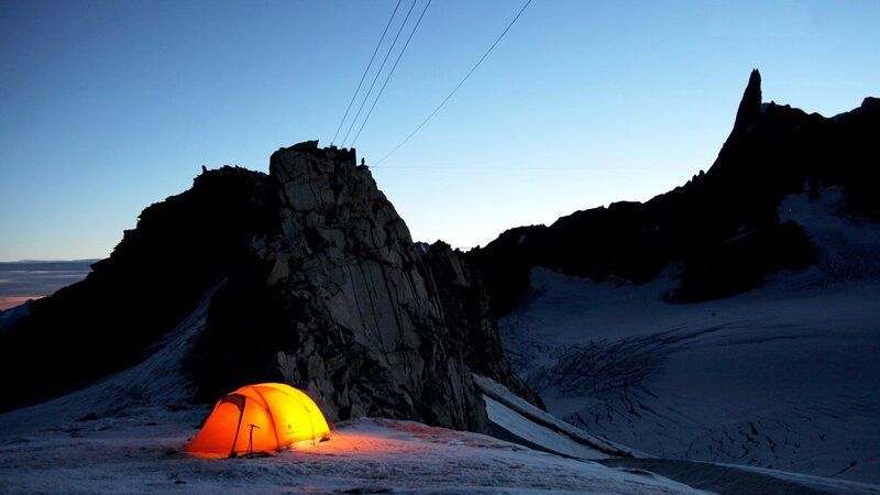 Glowing Tent on Mountain — Orange, Dramatic