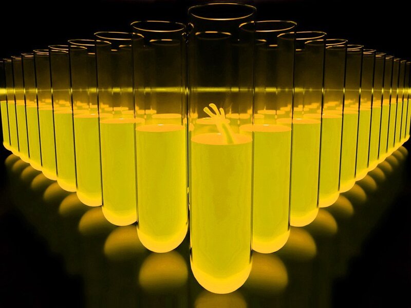 glowing test tubes in a row