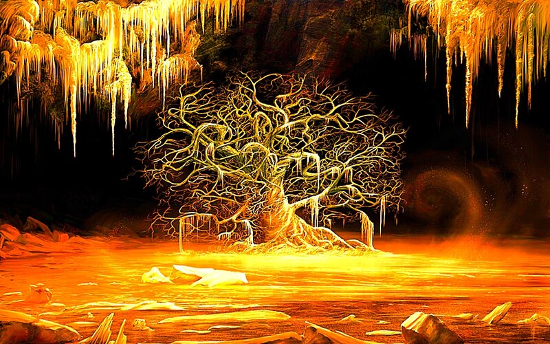 Glowing tree in a cave