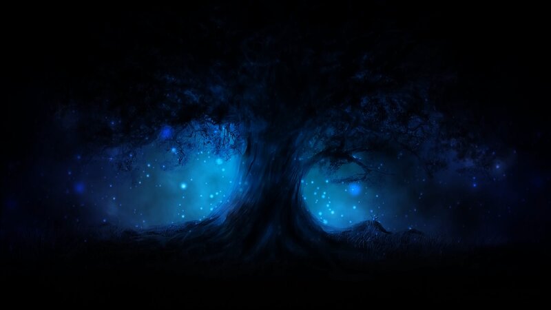 Glowing Tree in Dark Forest