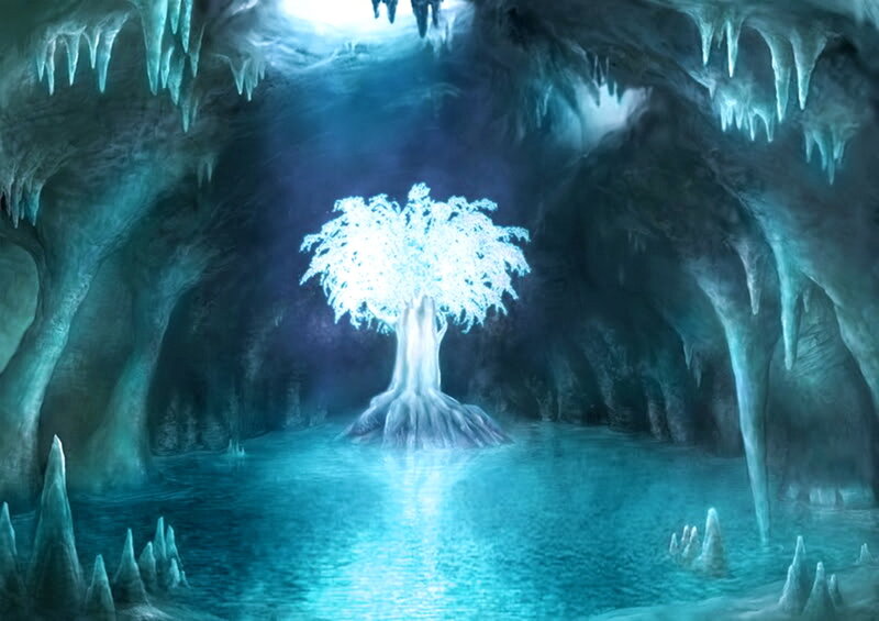 glowing tree in ice cave