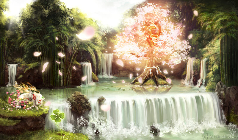 Glowing Tree in Waterfall