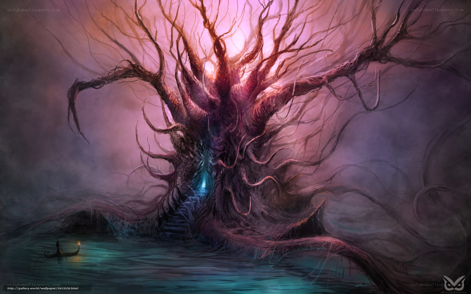 Glowing tree on a dark lake
