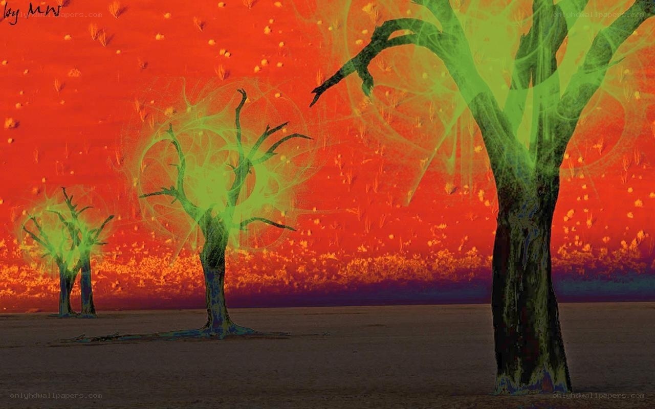 Glowing trees in a red landscape